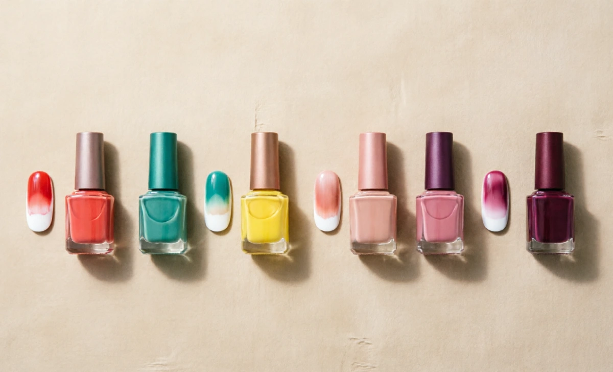 Best nail polish colors for gradient vs ombre nails shown in flat lay with contrasting shades for gradient and monochromatic tones for ombre