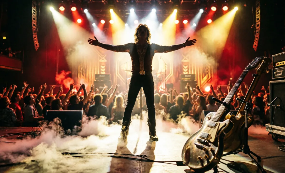 Dramatic concert stage representing best male singers of the 70s and 80s rock and pop era