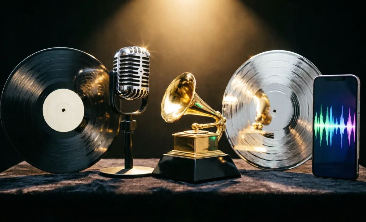 Top-ranked Best-Selling Music Artists of All Time represented through iconic music objects from vinyl records to streaming