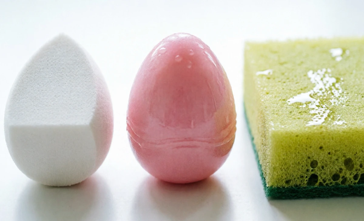 Three sponges compared for sponge ombre nails — wedge makeup sponge, Beautyblender, and kitchen sponge on white surface