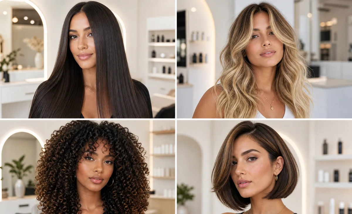 Collage of 13 different blowout hairstyles for various hair types