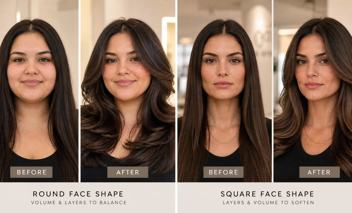 Blowout hairstyles styled to flatter round and square face shapes