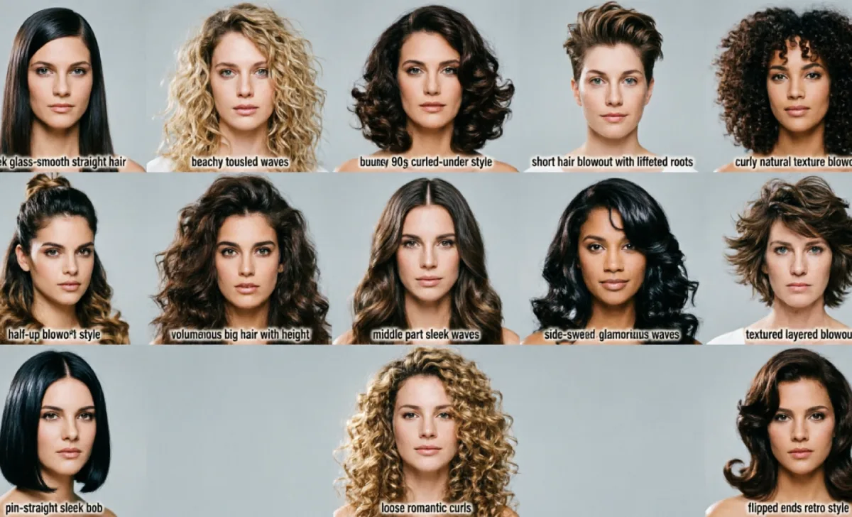 Collage showing different blowout hairstyles including sleek, wavy, curly, and short styles