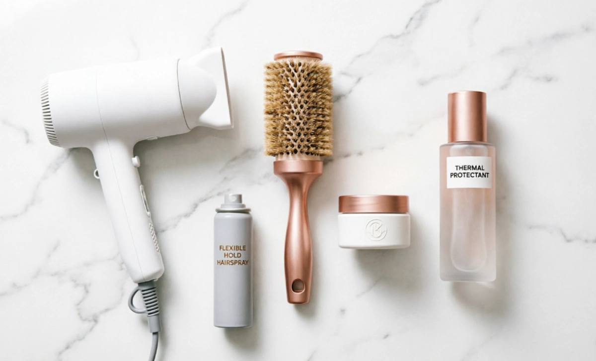 Tools and products needed to create salon-quality blowout hairstyles at home