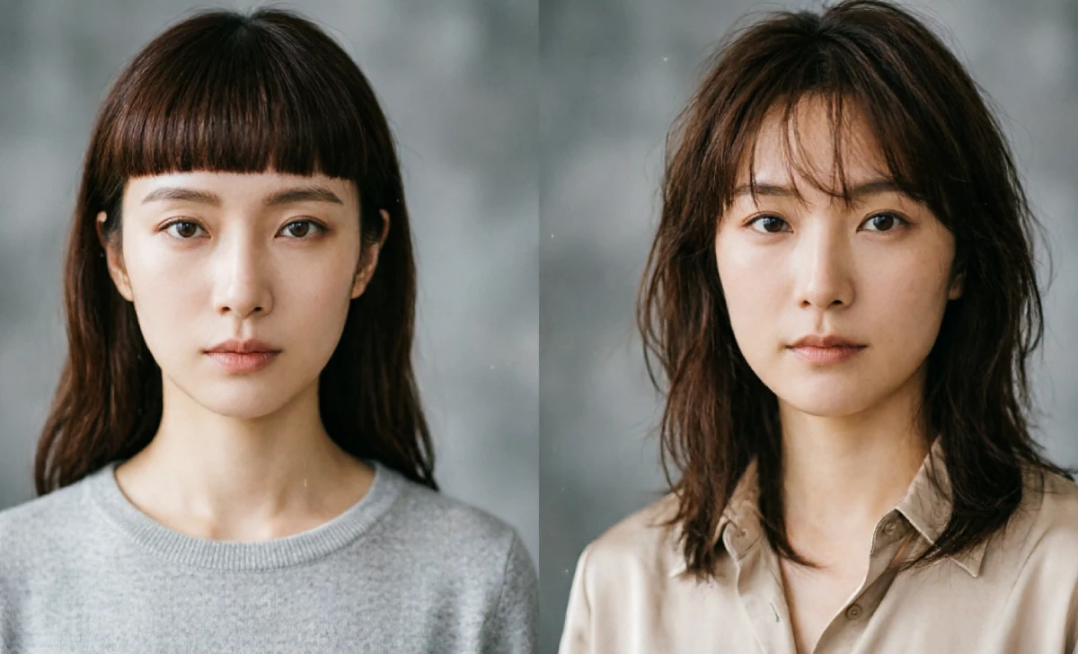 Blunt bangs creating horizontal width illusion versus curtain bangs creating vertical slimming effect on face