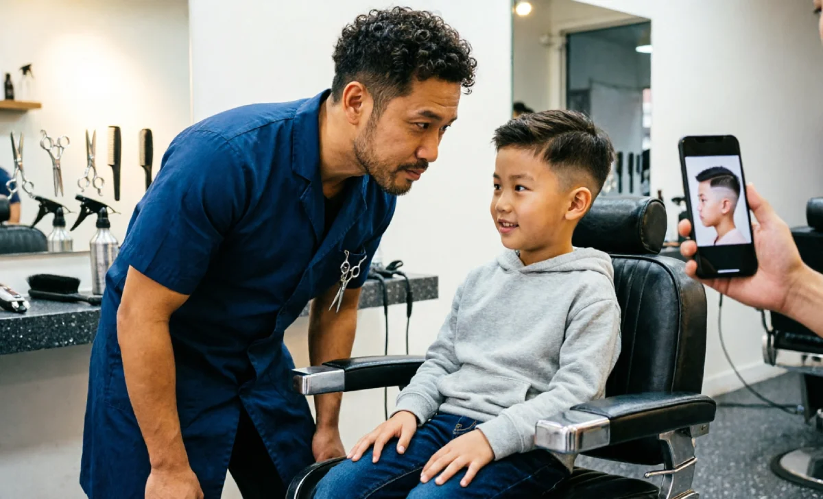 Parent showing barber a boys fade haircut reference photo on a phone at a barber shop