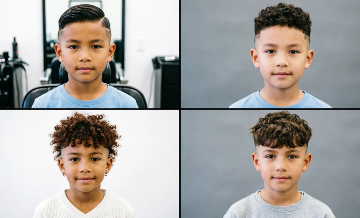 Four different boys fade haircut styles including low fade, high skin fade, burst fade, and French crop fade