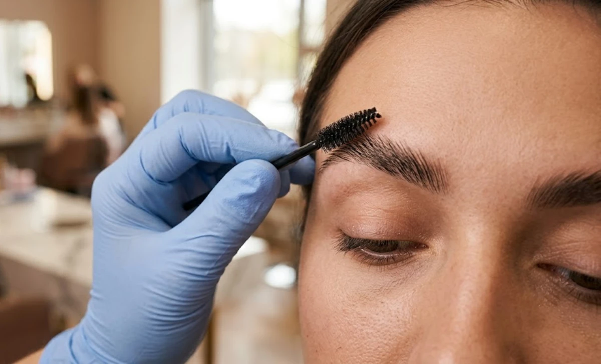 Artist brushing brow hairs upward during a brow lamination treatment for a fluffy lifted look.