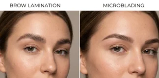 Brow Lamination vs Microblading side by side comparison of fluffy brows and hair-stroke brows