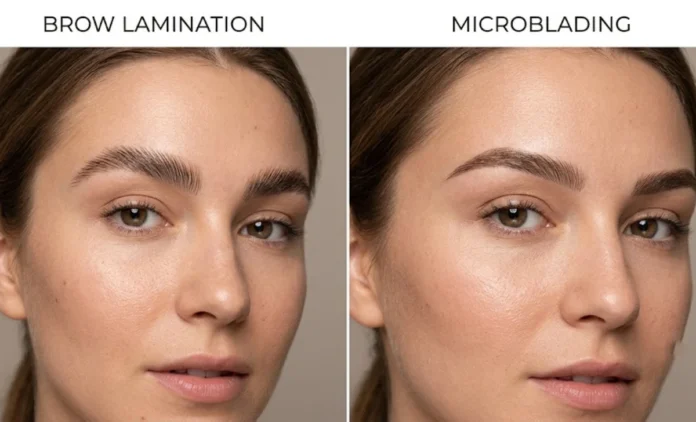Brow Lamination vs Microblading Comparison Brow lamination vs microblading side-by-side comparison showing fluffy lifted brows and natural hair-stroke results.