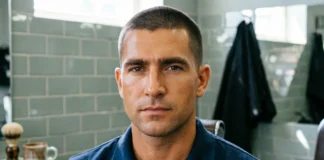 Buzz cut hairstyle for men with thick hair, clean masculine look