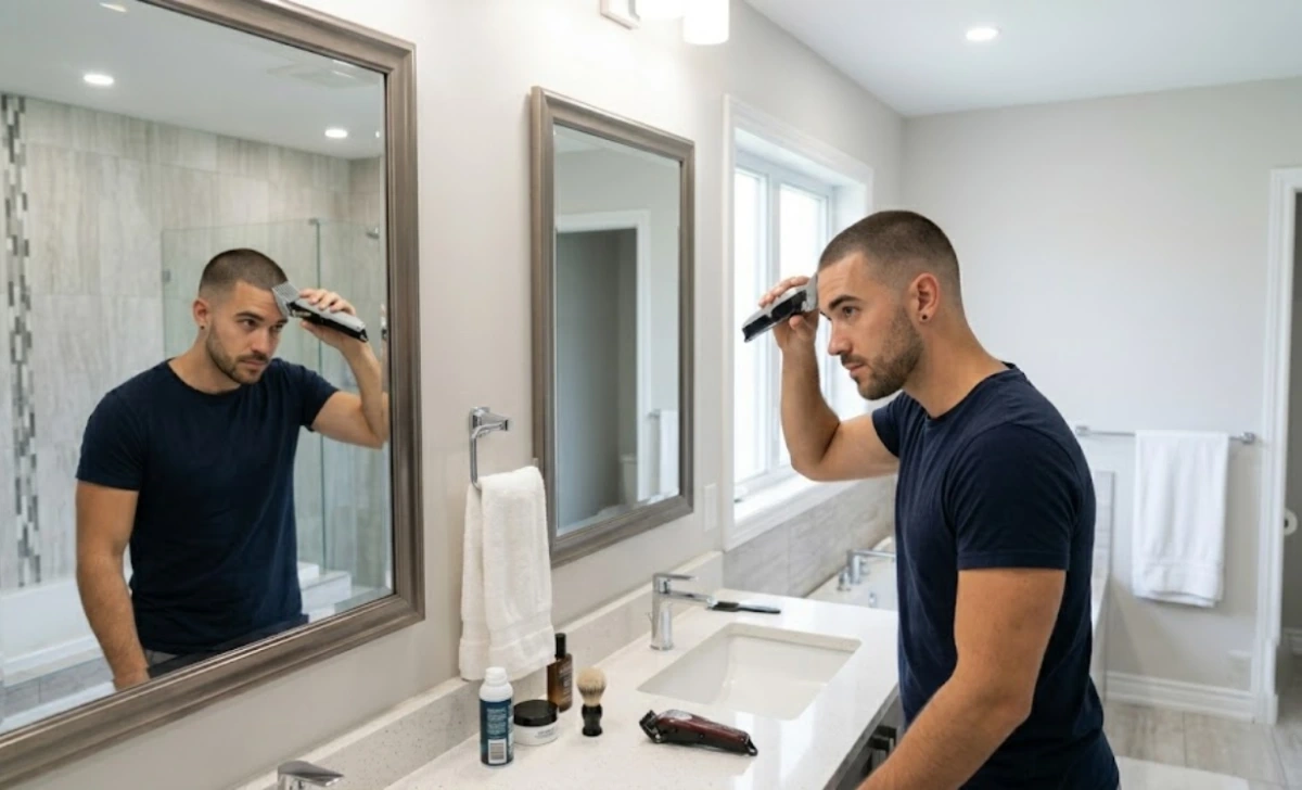 Man cutting his own buzz cut types at home with Wahl cordless clippers using two mirrors to check front and back angles