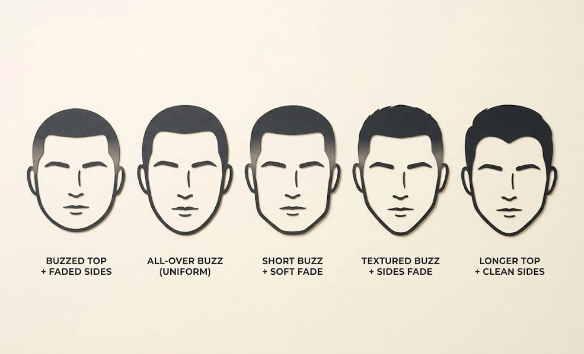 Five face shape silhouettes showing best matching buzz cut types for round oval square diamond and heart faces