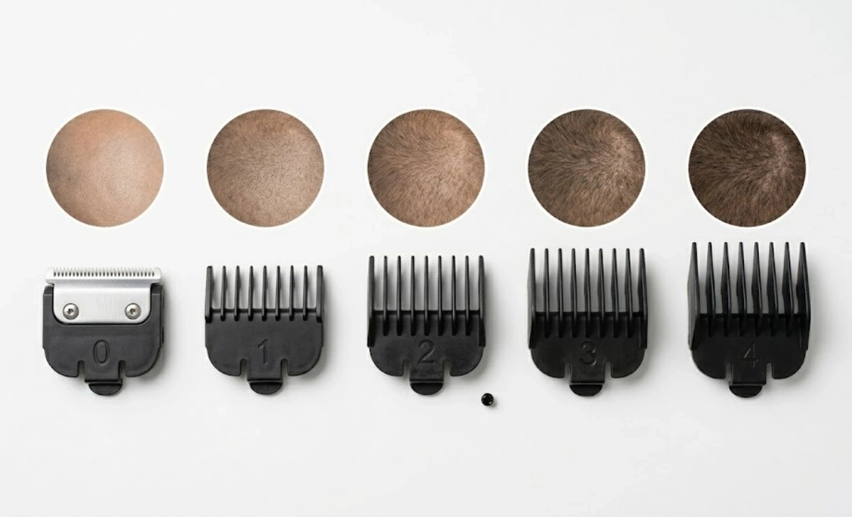 Clipper guard numbers 0 to 4 laid out showing hair length for each buzz cut types setting from stubble to half inch
