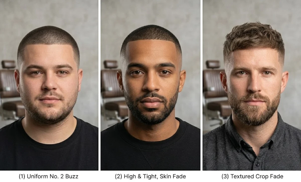 Comparison of three buzz cut variations: uniform buzz, high and tight, and textured crop fade