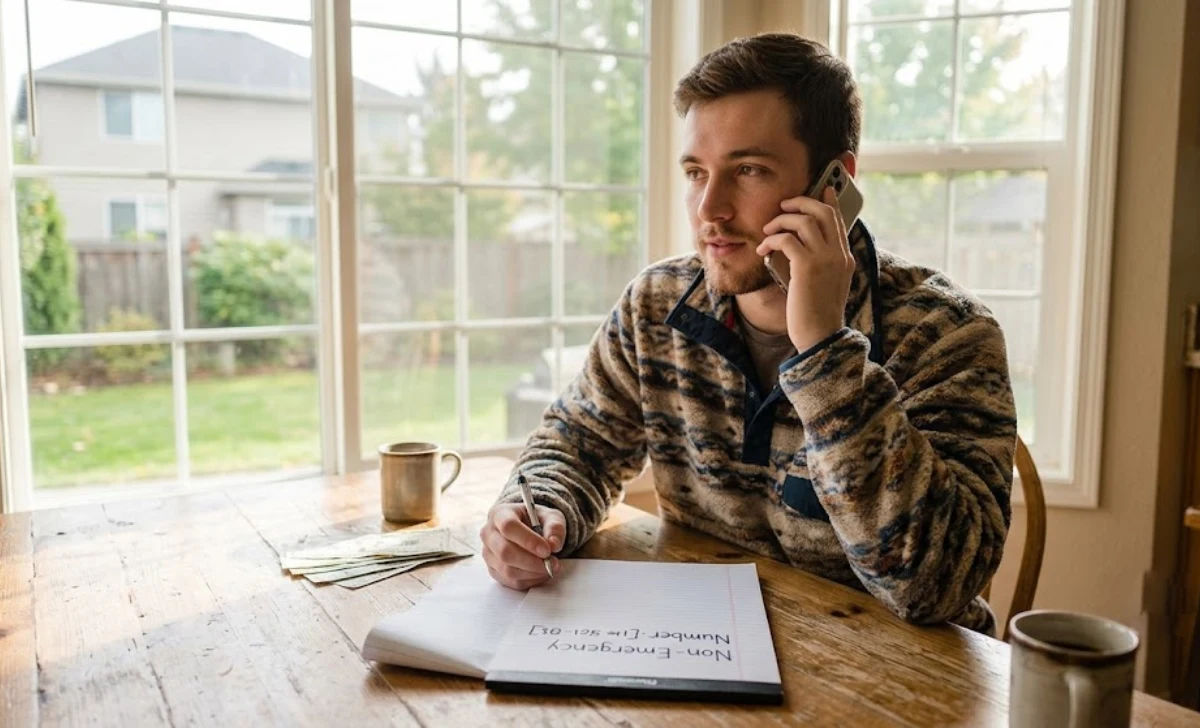 A person calls the non-emergency police number to request a wellness check, with notes ready.
