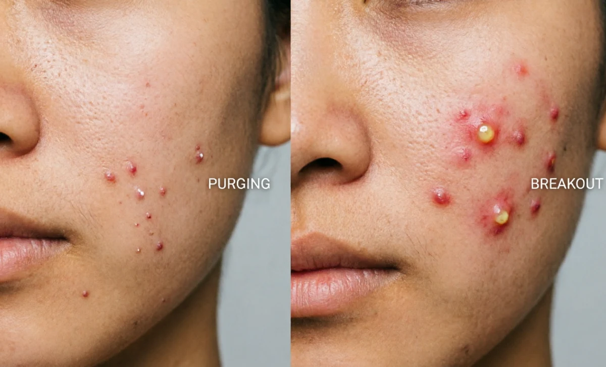 Split face showing purging vs breakout difference — can retinol cause acne or just skin purging reaction