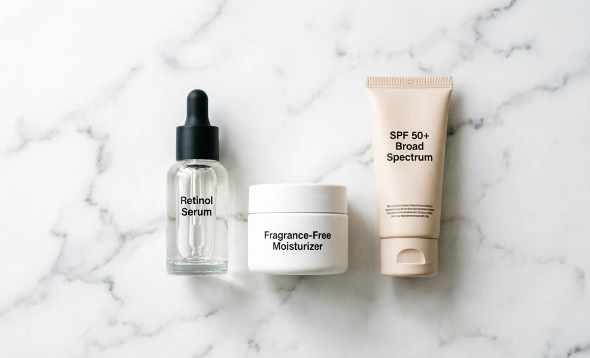 Retinol skincare routine products on marble — moisturizer SPF and serum to prevent can retinol cause acne