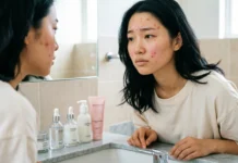 Can Retinol Cause Acne? The Truth About Skin Purging and Breakouts Woman checking skin breakouts in mirror — can retinol cause acne or is it normal purging process