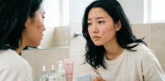 Woman checking skin breakouts in mirror — can retinol cause acne or is it normal purging process