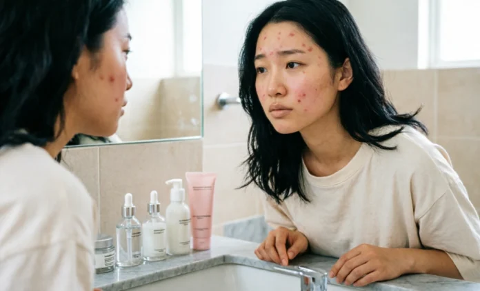 Can Retinol Cause Acne — Understanding Skin Purging and Breakouts Woman checking skin breakouts in mirror — can retinol cause acne or is it normal purging process