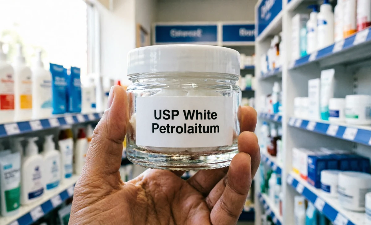 Is petroleum jelly bad for you - close up of hand checking USP grade white petrolatum label on jar