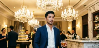 cocktail attire for men — navy blazer grey trousers white shirt brown oxfords