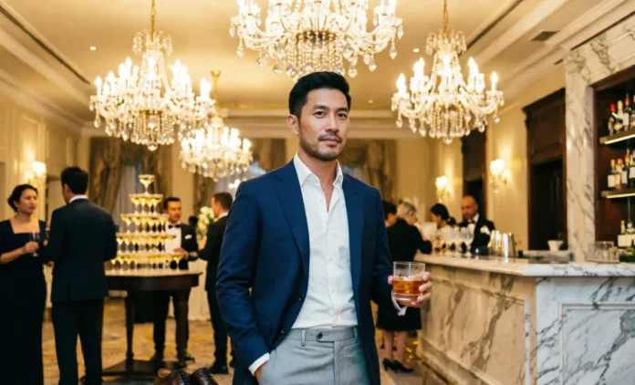 cocktail attire for men — navy blazer grey trousers white shirt brown oxfords