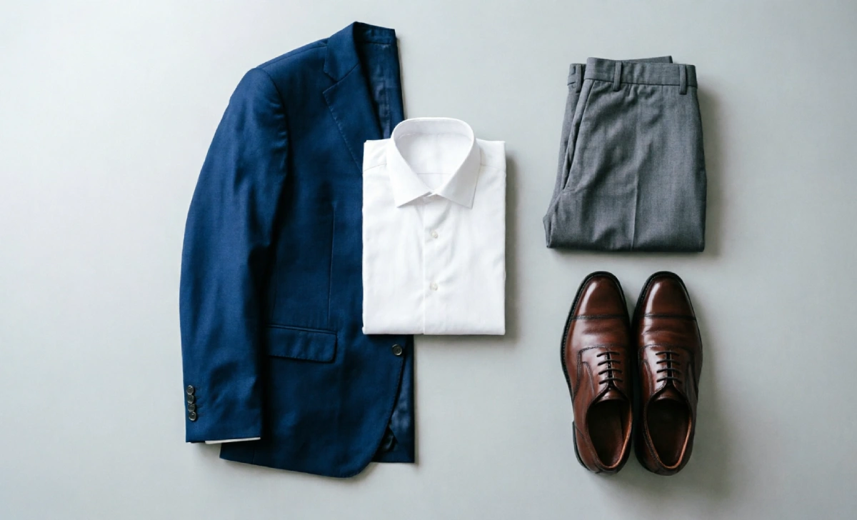 cocktail attire for men essentials — navy blazer white dress shirt grey trousers and brown oxford shoes flat lay