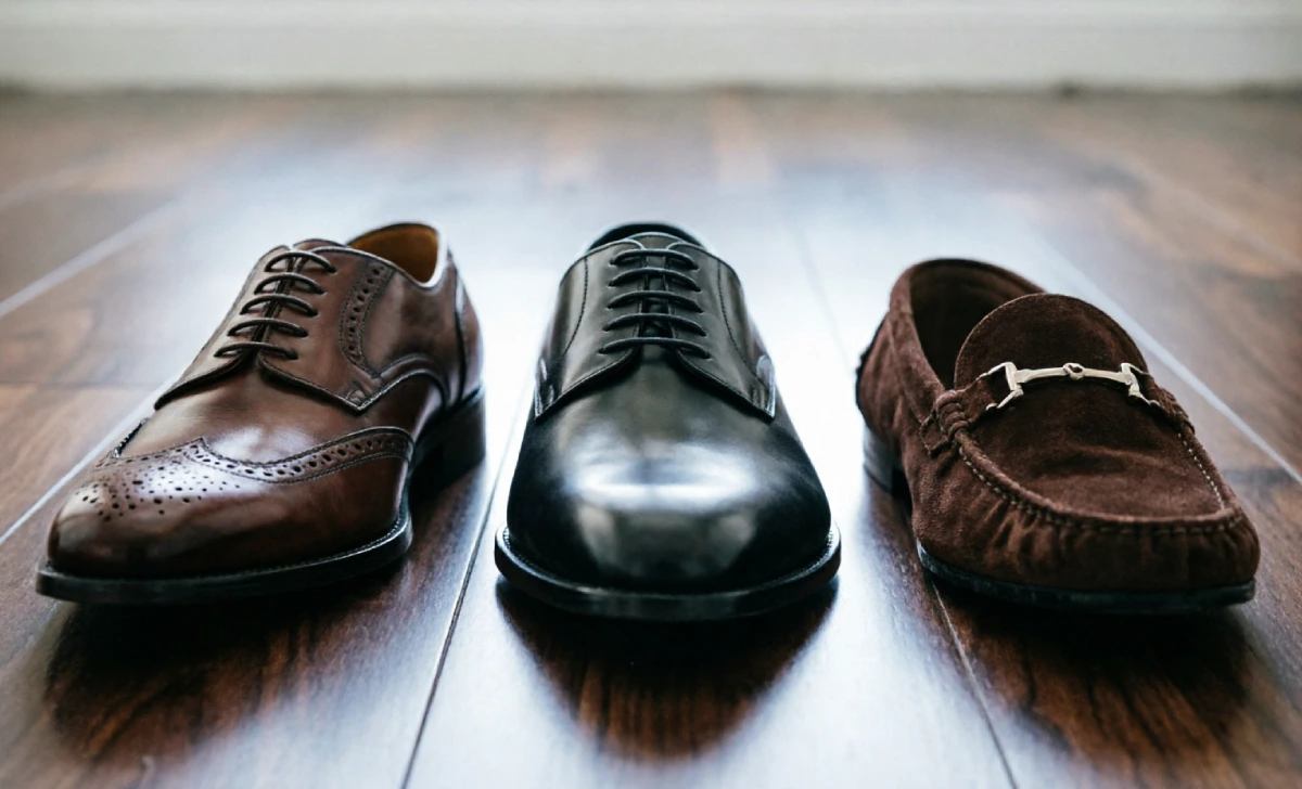 cocktail attire for men shoes — dark brown oxfords black derbies and suede loafers side by side on wooden floor