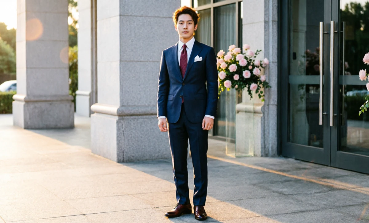 cocktail attire for men wedding guest — navy suit white shirt burgundy tie pocket square brown oxfords outdoor venue