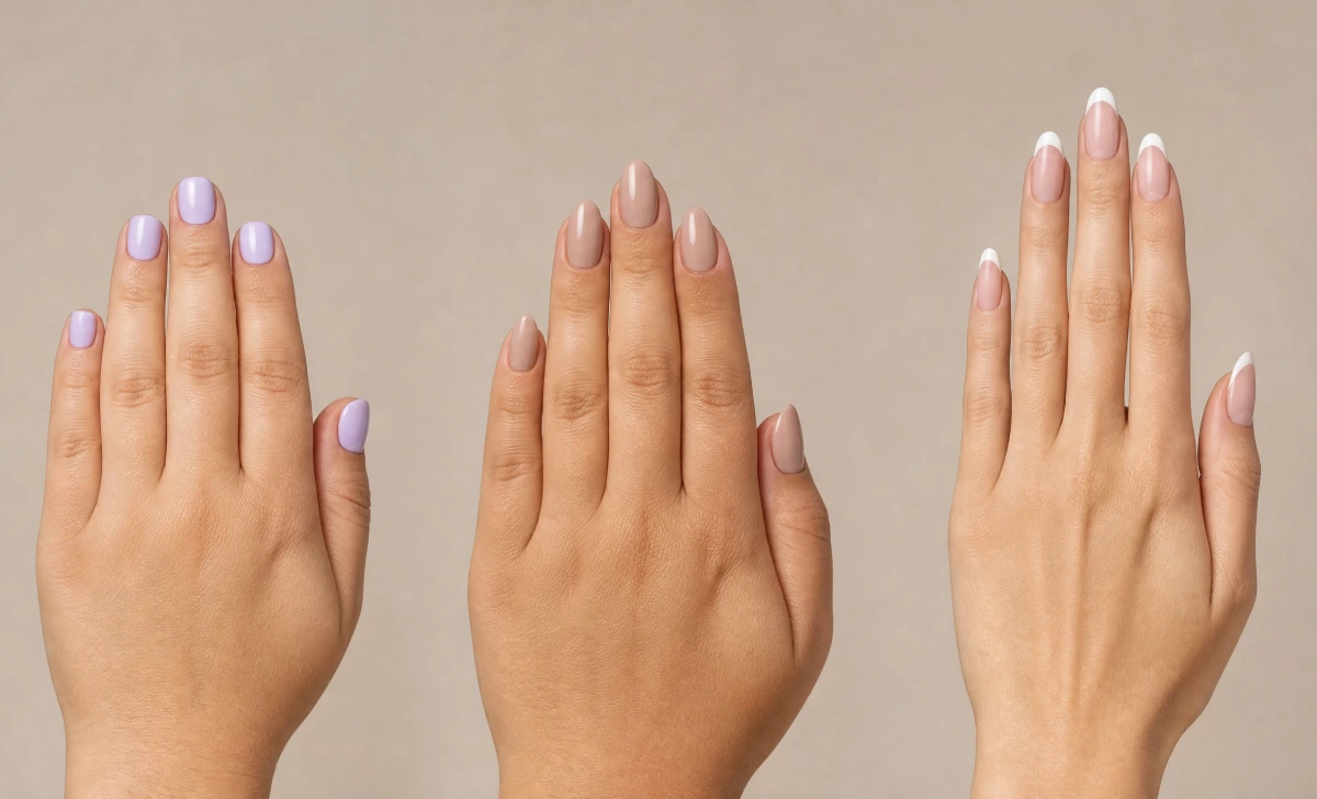 Almond and coffin nail shapes shown on short, wide, and long fingers