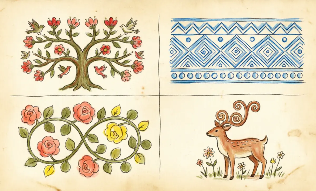 Four common folklore art motifs: tree of life, geometric border, floral vine, and stylized deer, on an aged paper background.