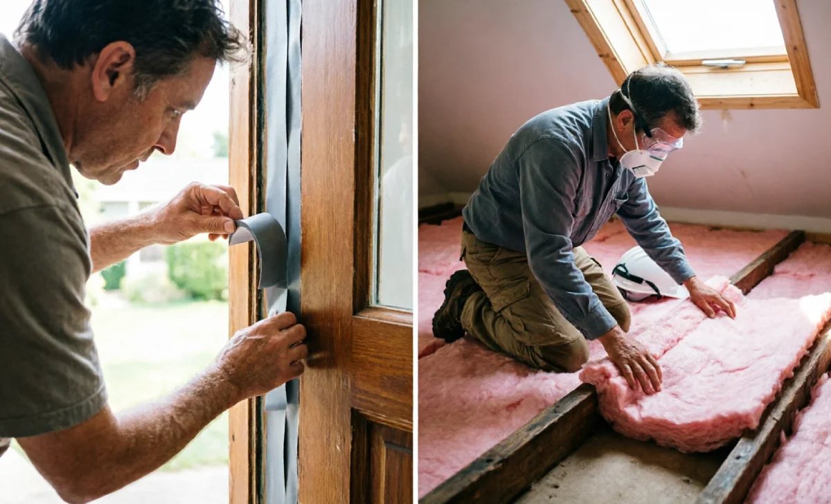 Homeowner applying weatherstripping and adding attic insulation as cost-effective energy-efficient home improvements