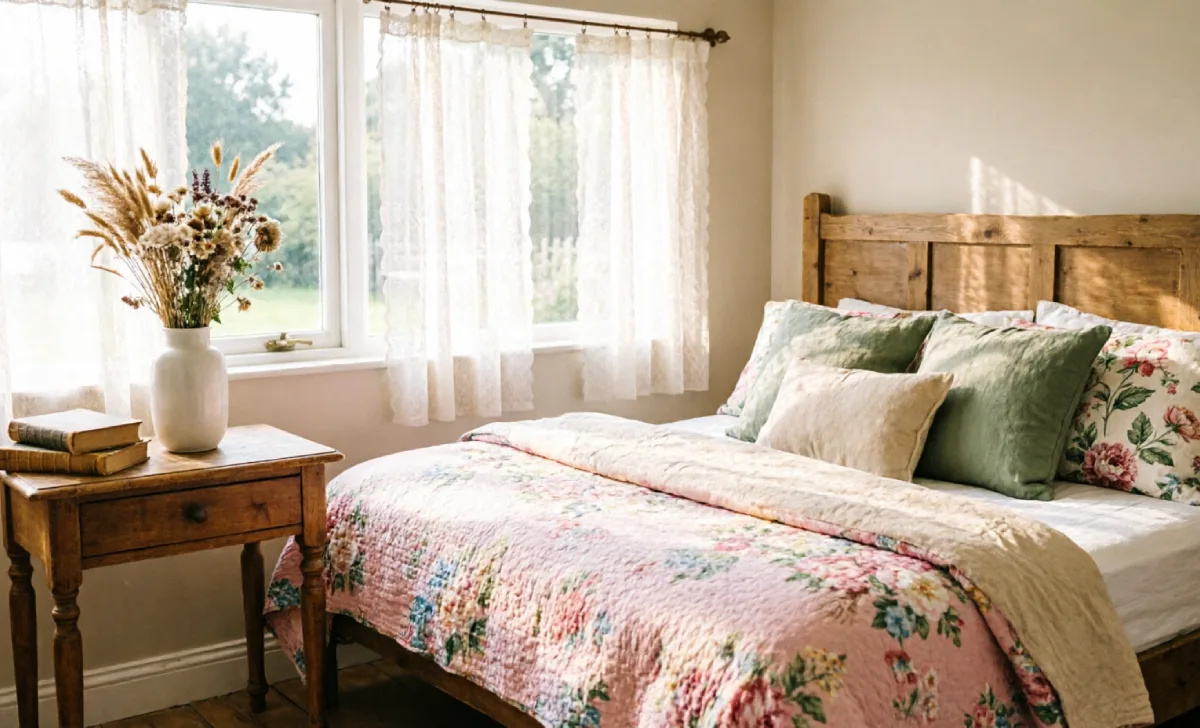 Romantic cottagecore interior design bedroom with floral quilt, lace curtains, and dried flowers on nightstand