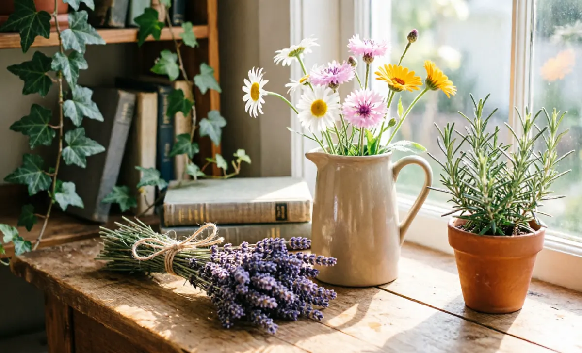 Florals and botanicals in cottagecore interior design — dried lavender bundle, wildflowers in ceramic jug, and trailing ivy on a bookshelf