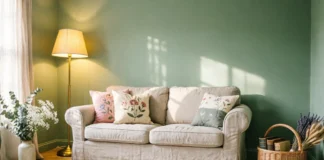 Cozy cottagecore interior design living room with linen sofa, dried flowers, and warm lighting