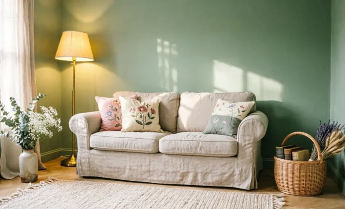 Cottagecore interior design cozy living room Cozy cottagecore interior design living room with linen sofa, dried flowers, and warm lighting