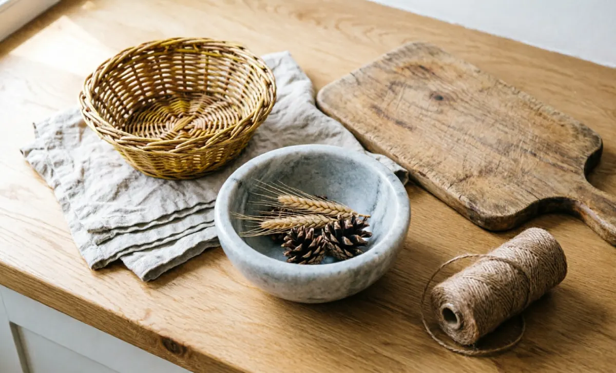 Natural materials for cottagecore interior design — linen fabric, wicker basket, wooden board, and stone bowl on a rustic surface