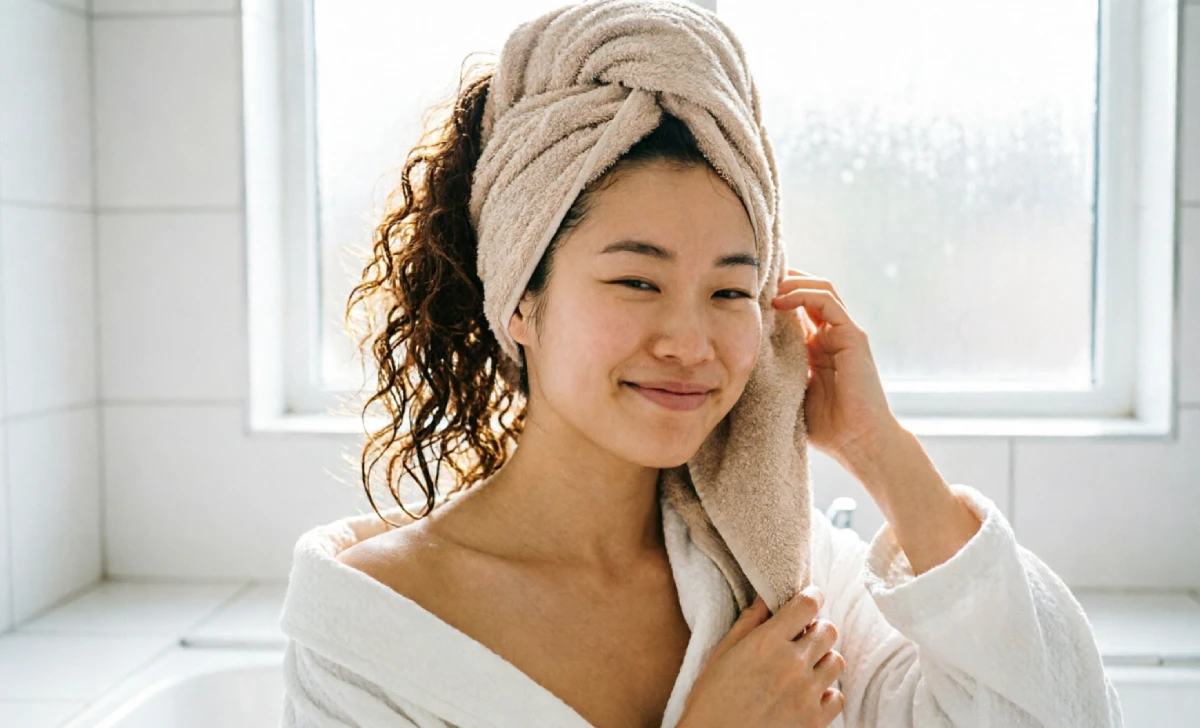 Woman plopping wet hair with a microfiber towel, an essential step in a curly hair routine to prevent frizz while drying.
