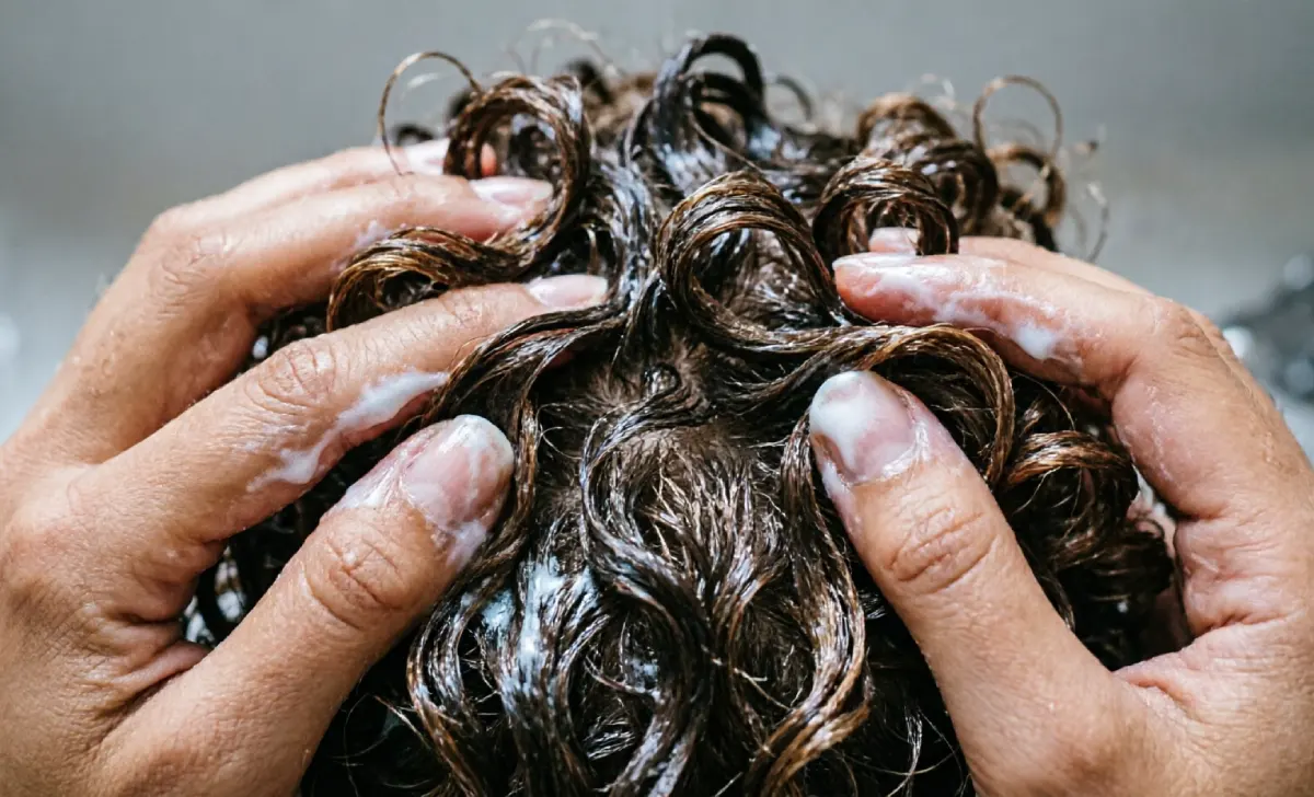 Hands applying products during a curly hair routine, showing product layering on wet hair for maximum definition.