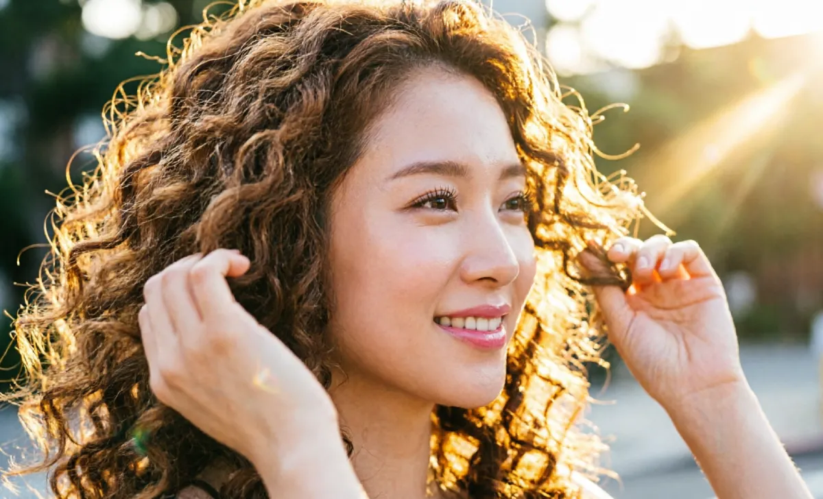Woman scrunching her dry hair to break the gel cast, revealing soft defined curls as the final step of a curly hair routine.