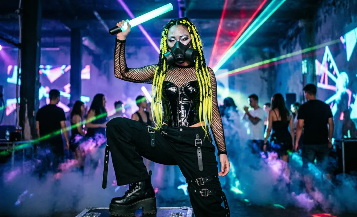 A cyber goth person wearing neon hair falls, gas mask, and platform boots at a rave.