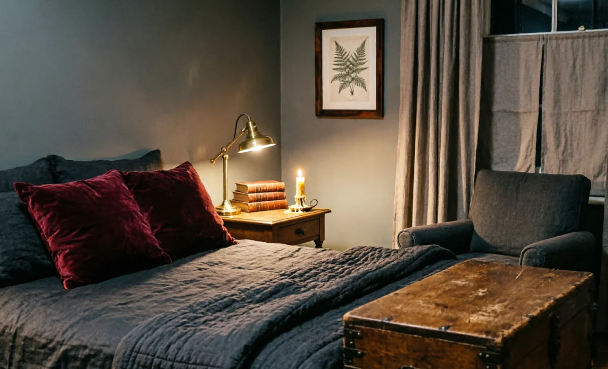 Dark academia bedroom with charcoal linen bedding, burgundy velvet pillows, vintage trunk, brass lamp, and cozy reading corner by the window