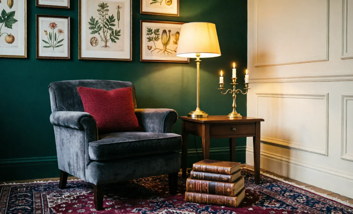 Dark academia color palette featuring forest green accent wall, charcoal velvet chair, and oxblood cushion in a warm candlelit room