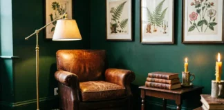 Dark academia interior design living room with leather armchair, candlelight, and floor-to-ceiling bookshelves