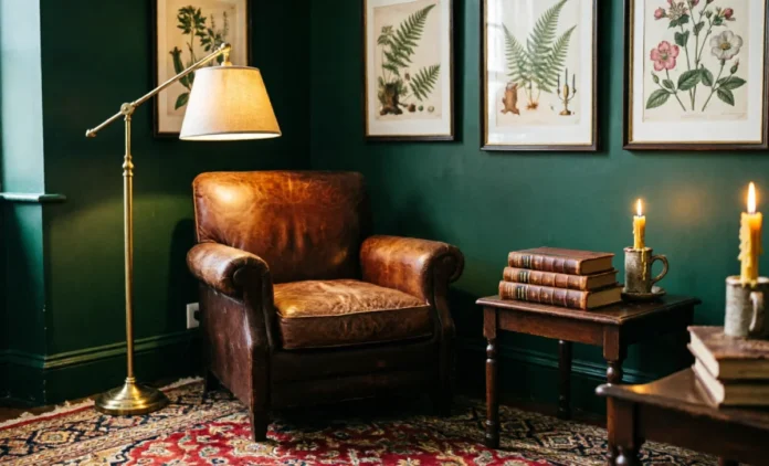 Dark academia interior design living room with leather armchair, candlelight, and floor-to-ceiling bookshelves
