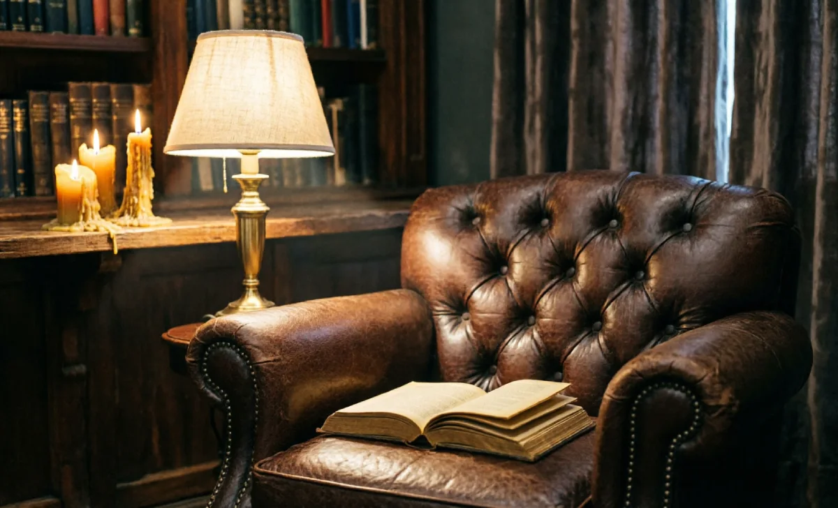 Dark academia room lighting setup with brass table lamp and beeswax candles creating warm layered light in a cozy reading nook
