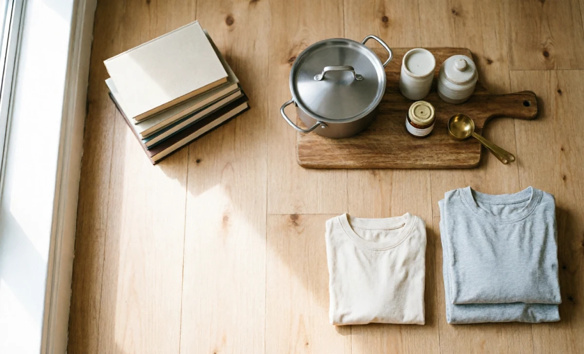 Household items sorted into categories on a wooden floor as first step to maximize small home space