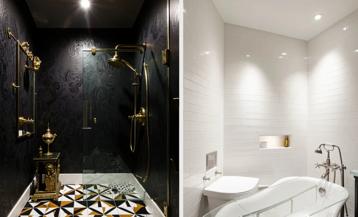 Bathroom comparison showing design mistakes that lower interior design home resale value versus a neutral buyer-ready space